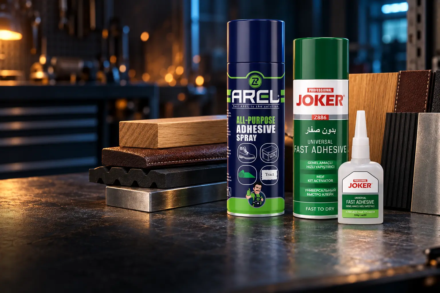 AREL adhesive spray and JOKER fast adhesive kit in a professional bonding workshop