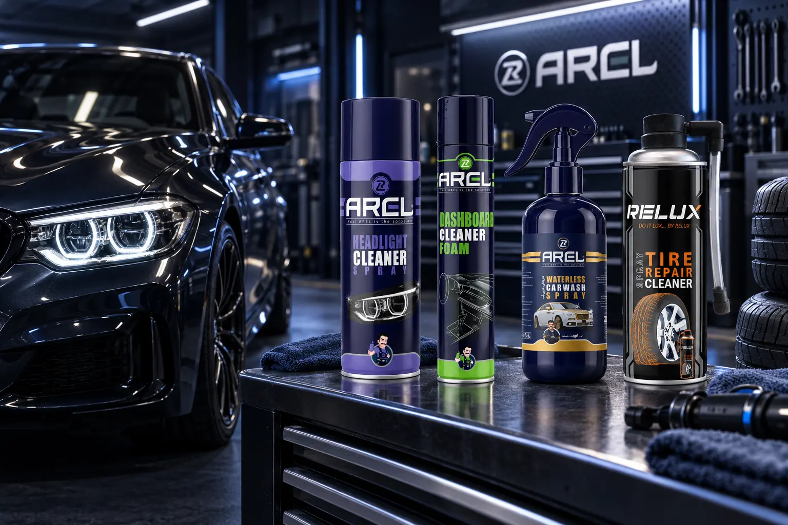AREL and RELUX automotive care sprays in a professional detailing workshop
