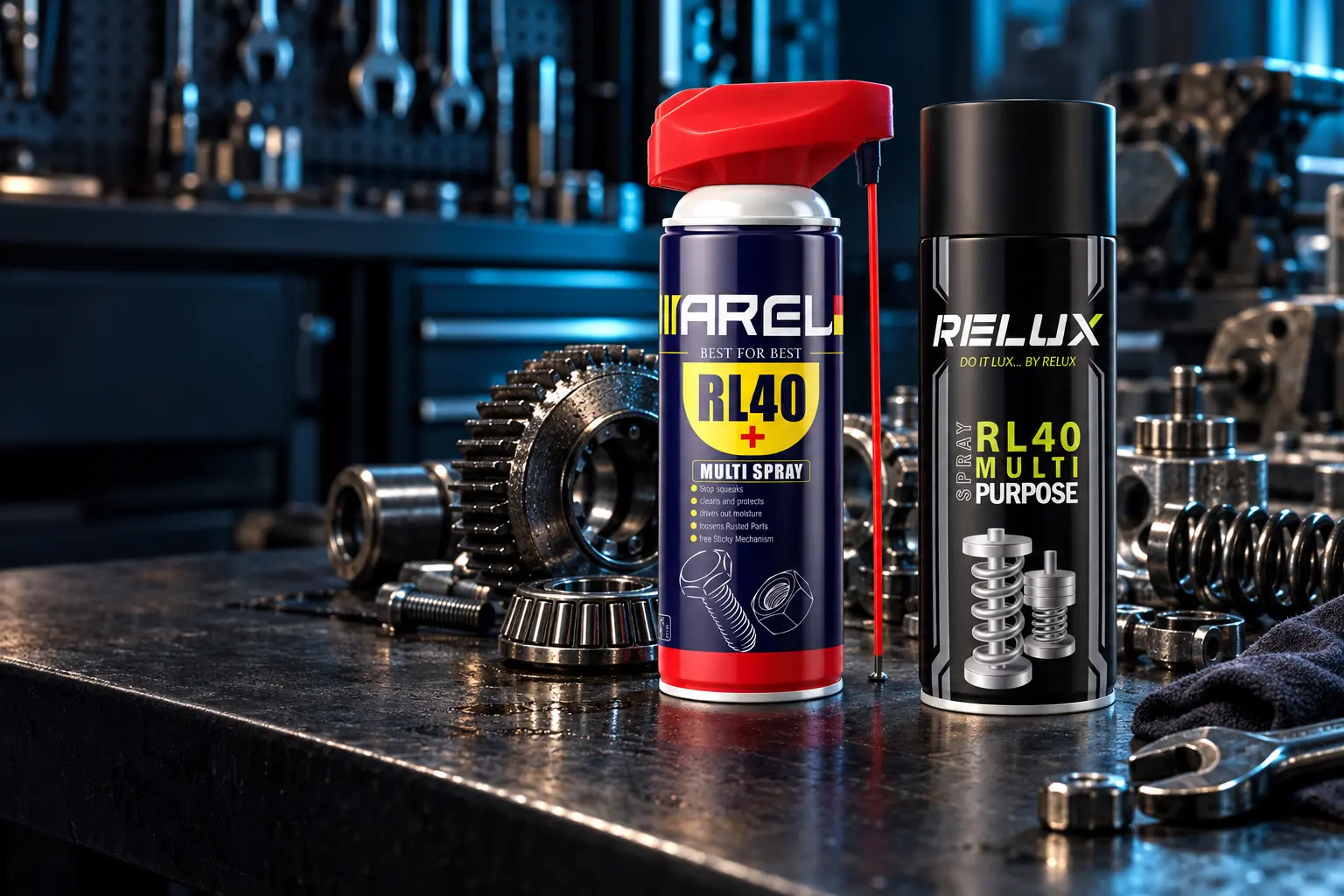 AREL and RELUX RL40 multi-purpose lubricant sprays with industrial machinery