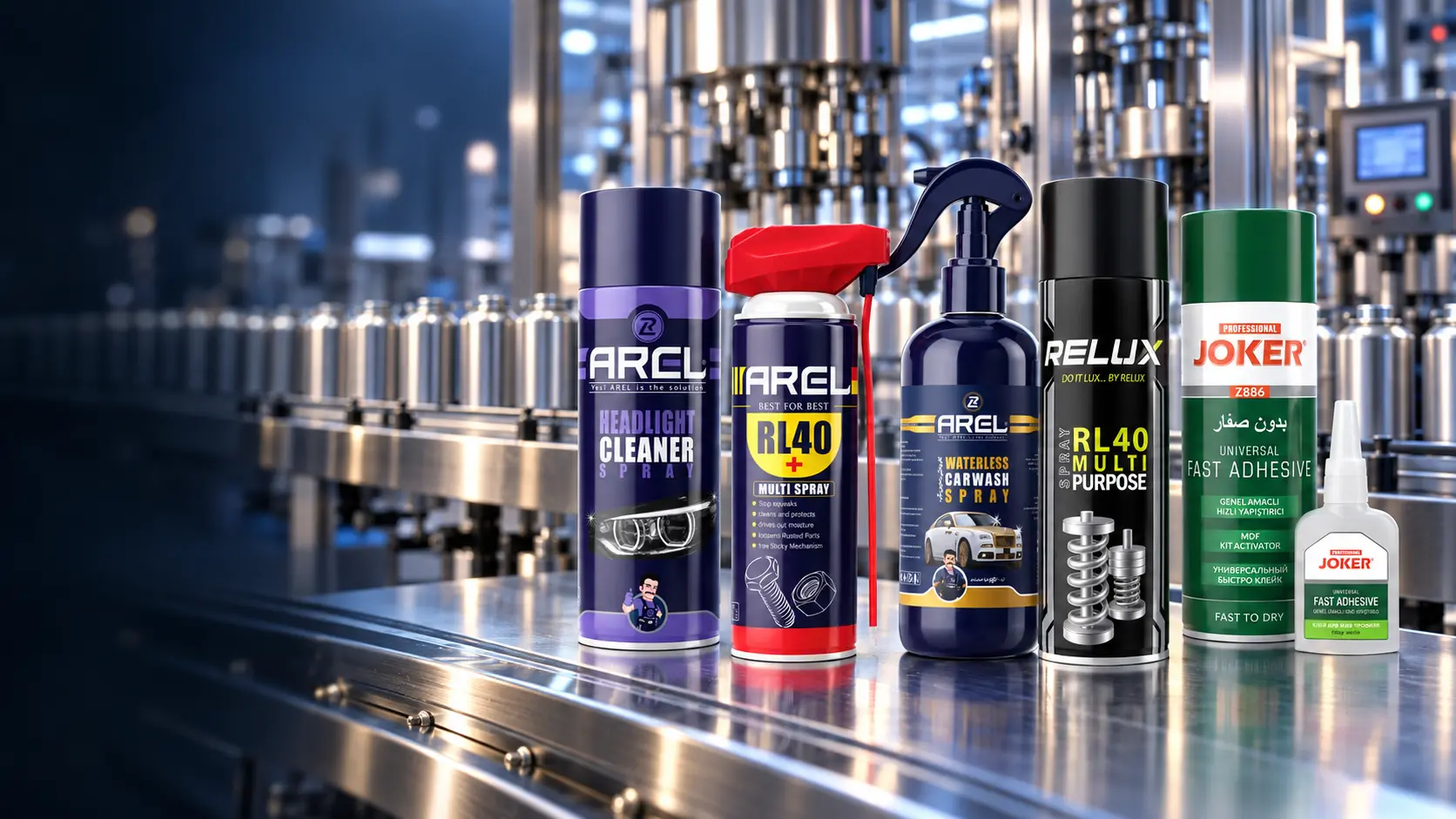Private-label aerosol product portfolio on a modern manufacturing line