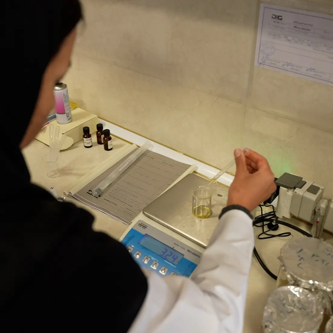 Aerosol product sample undergoing laboratory testing at the DENIZ facility